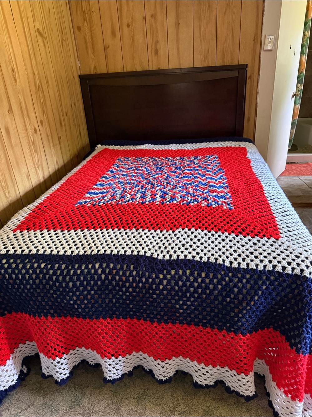 Handmade Red, White & Blue Crochet Quilt - Patriotic Bedspread